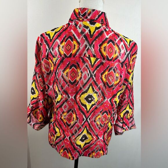 Ruby Rd Womens Red Yellow Brown 3/4 Roll Tab Sleeve Button Front Crop Shacket 14 - Picture 5 of 7